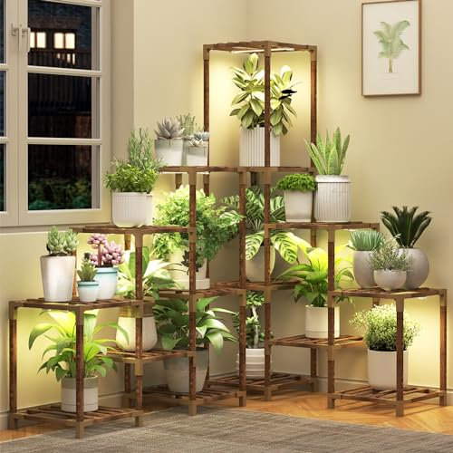 HOMKIRT Großer Eck-Pflanzenständer mit Wachstumslicht, Pflanzenregal für den Innenbereich, Blumenständer für Wohnzimmer, Terrasse, Garten, Heimdekoration