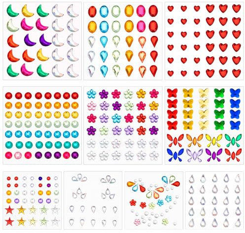 10 Sheets Face Gems Glitter Festival Face Gems Stick On,Colorful Face Stickers for Crystal Self-adhesive Rhinestones for Eye Makeup, Hair Gemstones Temporary Tattoo Diamond Jewels for Women Girls