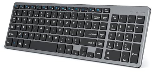 Seenda Wireless Rechargeable Keyboard UK Layout, Slim and Compact with Number Keypad for PC Laptop Computer, Black and Dark Grey