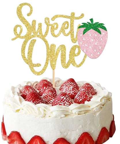 1 Stück Erdbeere Sweet One Geburtstag Tortendeko, Glitzer Strawberry Kuchen Deko Sommer Früchte Cake Topper für Baby Dusche 1. Geburtstag Party Kuchendeko Gold Rosa