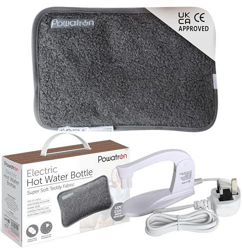 Powatron Electric Hot Water Bottle Rechargeable - 27 x 20 CM Electric Heat Pad with Overheat Protection, Soft Sherpa Cover, 430W Power & Detachable Connector | Perfect for Home & Office (Grey)