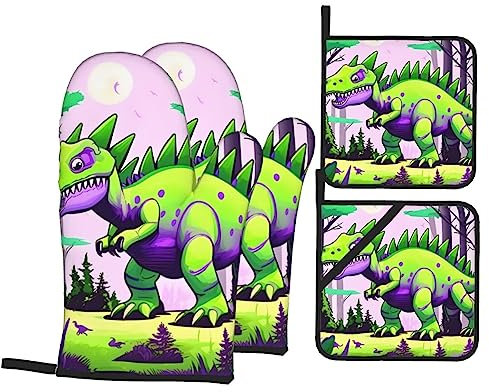 Set di 4 guanti da forno e presine con dinosauro verde per la massima sicurezza e praticità in cucina