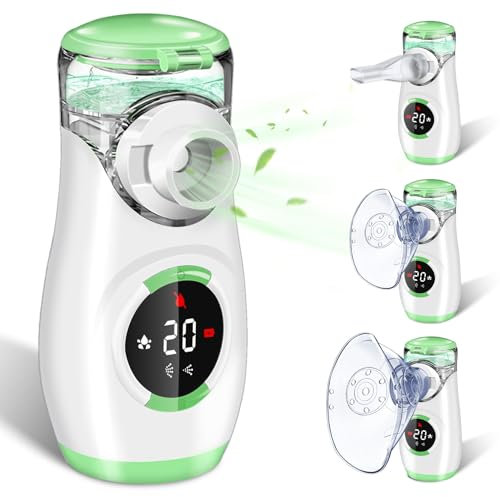 Inhalationsgerät, Digitale Inhaliergerät für Erwachsene und Kinder, Tragbar Vernebler, Einstellbarer Sprühnebel Inhalator Mit Mundstück und 2 Maske, Timer, USB Aufladung, Batteriebetrieben (Grün)
