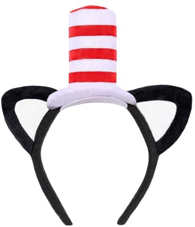 Katzenohren Stirnband, Katzenohren Haarreif, Katzen Stirnband mit Rot-Weiß Gestreifter Hut, Cat Ears Headband, Haarschmuck Katzenohren Kostüm Zubehör für Mädchen Frauen Karneval Cosplay Fasching Party