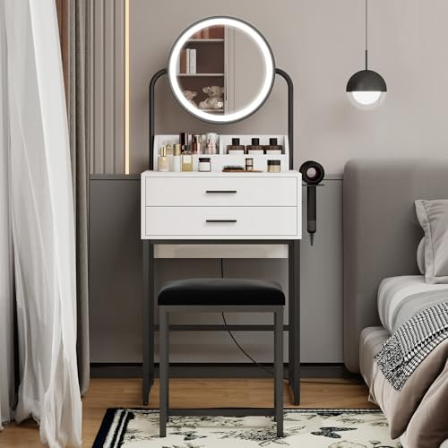 YOURLITE Small Dressing Table with Lighted Mirror and Lights, Compact Vanity Table with with Drawers for Bedroom, Mini White Modern Makeup Desk with Hair Dryer Rack and Cushioned Stool (White&Black)