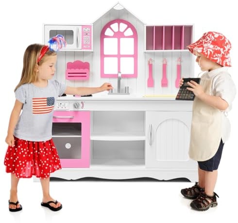 HOMASIS Cuisine en bois pour enfants, cuisine jouet pour enfants avec évier, four à micro-ondes et table de cuisson, cuisine pour enfants à partir de 3 ans, 109 x 32 x 106,5 cm, rose et blanc