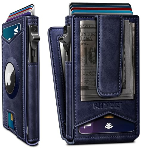 miyozi Airtag – Portefeuille pour homme avec pince à billets et 9 cartes de crédit pop-up avec fenêtre d'identité, blocage RFID, coque en métal, fermeture magnétique, poche avant, boîte cadeau, Bleu
