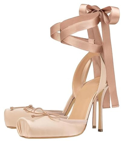 GBBRZKTB High Heels Damen Satin Ballerina Pumps Quadratischer Zehenpartie Schleife Slingback Riemchen Stiletto Sandalen Elegante Party Abendschuhe 9cm,Apricot-38