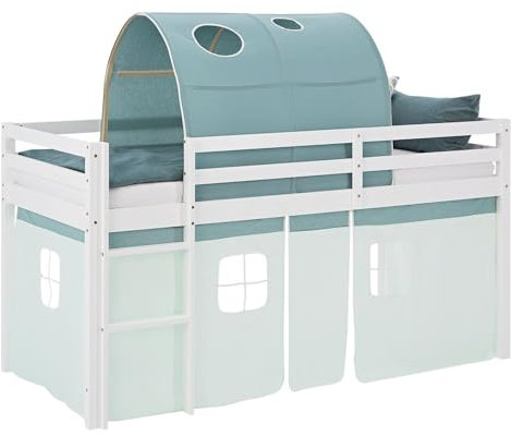 Homestyle4u Hochbett 90x200 grün Vorhang mintgrün Kinderbett mit Rausfallschutz Kiefer Tunnel Lattenrost Matratze