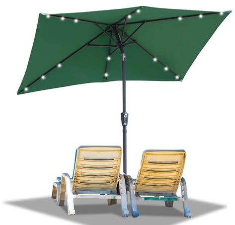 Ollewiellan Parasol solaire à LED - 210 x 140 cm - Vert - Avec manivelle - Rectangulaire - Protection solaire UV50+ - Pliable - Imperméable - Sans support