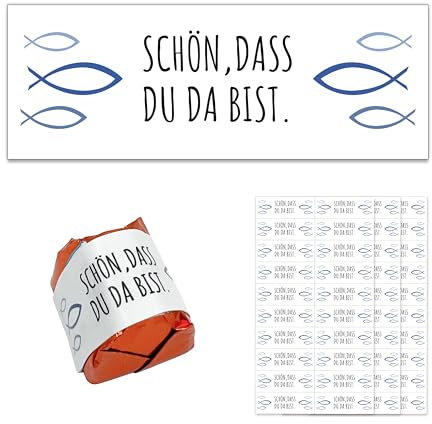 FloraVigo 100 Aufkleber Schön, dass du da bist Gastgeschenkaufkleber Eukalyptus, Pralinenaufkleber für Taufen, Gastgeschenke, Geburtstage, Kommunionen, Hochzeiten (Blau)