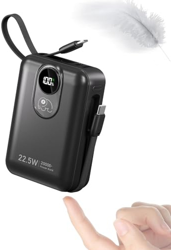 Built-in Cable 20000mAh Power Bank:22.5W Fast Charge External Battery-Black | for Mobile Phone, USB C (Input & Output) Battery Pack, Portable Charger with 4 Outputs & 2 Inputs