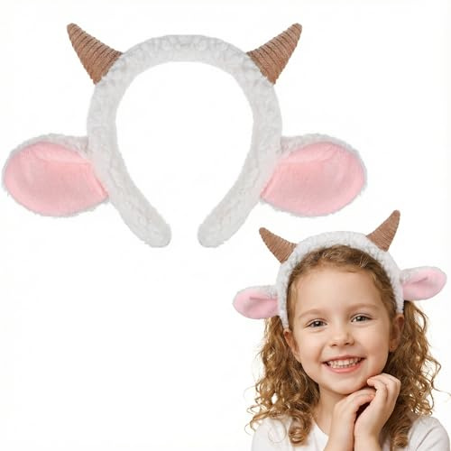 Ciieeo Schaf Kostüm Haarreif mit Ohren & Hörnern für Damen Kinder, Plüsch Tier Stirnband Accessoire für Fasching Karneval Halloween, Süße Kopfbedeckung für Krippenspiel