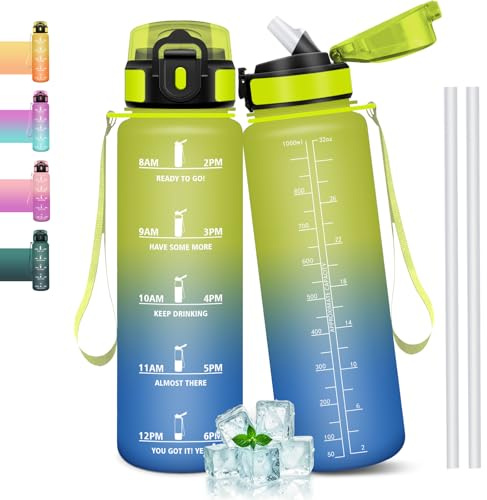 Mulbijeo Gourde 1l, Étanches, Gourde Paille, sans BPA & Réutilisable, Bouteille, Motivation Bouteille d'eau, Avec Marqueur de Temps, Gourde Sport pour Gym, Ecole, Cyclisme, Plein air, Sport