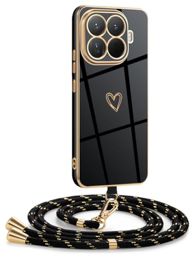 Mkej Hülle Kompatibel mit Xiaomi 15T Pro Hülle mit Band, Galvanik Silicone Handyhülle mit Herz Love Design, Abnehmbar und einstellbar Handykette für Xiaomi 15T Pro - Case in Schwarzes Gold