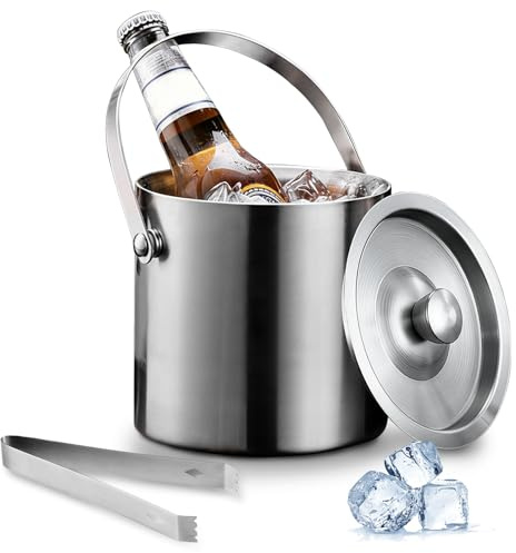 Double Walled Insulated Stainless Steel Ice Bucket 1.6L with Lid & Ice Tongs - Keep Ice Frozen Longer, Ideal for Champagne, Wine, Beer, Home Bar, Parties, BBQ and Restaurant Use