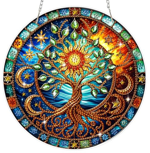 Bowetile Ciondolo per pittura con diamanti, paesaggio, albero della vita, pittura con diamanti, per adulti e bambini, set fai da te per finestre, pareti e giardini, decorazione regalo