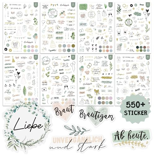 BIROYAL 12 Blätter Sticker Hochzeit Gästebuch, 550+ Transparent Aufkleber | Love Sticker Set für Fotoalbum Scrapbook Bullet Journal Wedding Deko, DIY Hochzeitssticker mit Viel Liebe, 17 × 24 cm