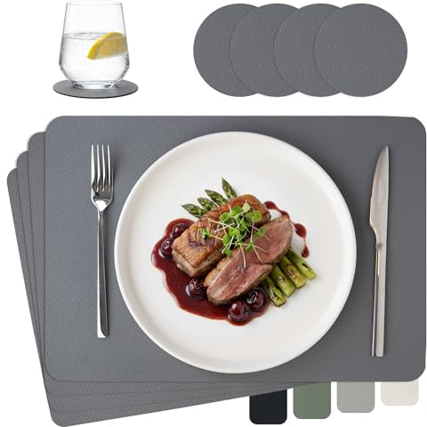 MIAMIO - Tischsets Abwaschbar 4er Set, Platzsets, Platzdeckchen, Tischdeckchen, 8-Teiliges Tischset, 4x Platzset, 4x Untersetzer Gläser - Tischunterlage Esstisch in Lederoptik (Dunkelgrau, beidseitig)