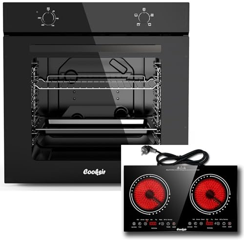 Cooksir Four Encastrable 60CM 4 Fonctions, Four Grande Capacité 65 Liters avec Prise, 2200W+Plaque Vitrocéramique 2 Feux avec Prise, Portable et Encastrable