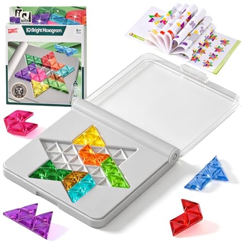 LTFIOON Geometrisches Legespiel – IQ Puzzle, Progressiven Herausforderungen & 2 Formen (Stern/Sechseck) – Bunte Glanzsteine wie Gelee – Tragbar mit Deckel & Lösungsheft – Für Erwachsene & Kinder