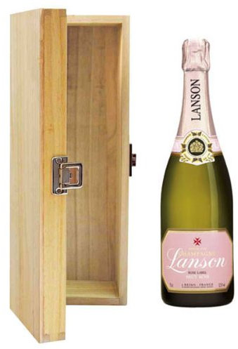 Gifts2Drink Lanson Rose Label Brut Champagne Hinged Wooden Gift Box with Handcrafted Gifts2Drink Tag NV 75 cl
