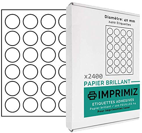 Glänzende Aufkleberetiketten - 2400 runde Etiketten - 40 mm Durchmesser - Glänzendes weißes Papier - für Laserdrucker - 100 selbstklebende A4-Bögen