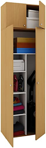 Besenschrank | 6 Fächer | Maße B. 70 x H. 238 x T. 40 cm | Haushaltsschrank | Mehrzweckschrank | Aufsatz mit Zwei Türen - Vandol