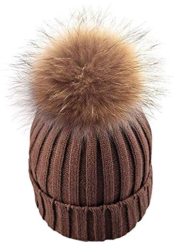 feifanshop Warm Mütze Pelz Bommel Echtpelz Waschbär Ski-Mütze Fellbommel Pelzbommel Raccoon (braun)
