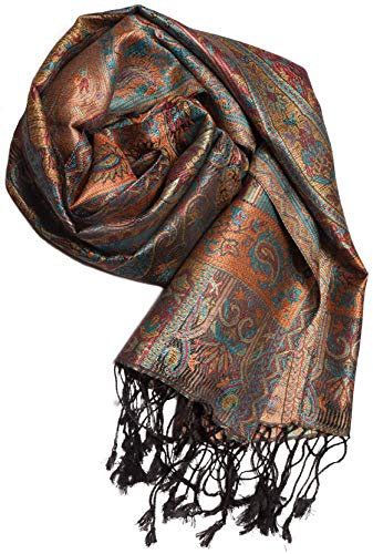 ufash Pashmina 100% Seidenschal aus Indien für Damen & Herren, Paisley Muster, 160 x 35 cm - Schal aus reiner Seide, Blau 2