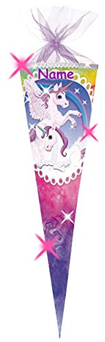 alles-meine.de GmbH mit 3-D Effekt - Glitzer ! Schultüte - Einhorn & Pferd Pegasus - Regenbogen - 85 cm - eckig - incl. Name - Organza Abschluß - Zuckertüte - mit/ohne ..