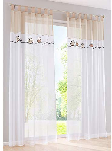 SIMPVALE 2er Set Gardinen mit Schlaufen Bestickt Niedliche Eule Durchscheinend Voile Vorhänge für Schlafzimmer Wohnzimmer Balkon, 140x260cm, Braun