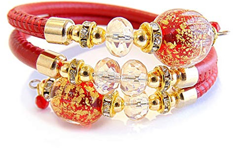 VENEZIA CLASSICA - Bracelet pour femme avec Perles en Verre de Murano original et cuir véritable Toscane, collection Diana, modèle Contrarie, avec feuille en or 24 carats, fabriqué en Italie, rouge