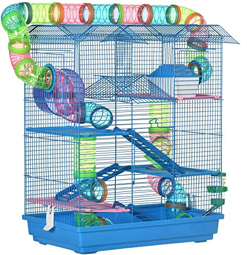 PawHut Cage pour Hamster Souris Petit Animaux Rongeur avec Tunnel Mangeoire Roue Jouet 47 x 30 x 59 cm Bleu