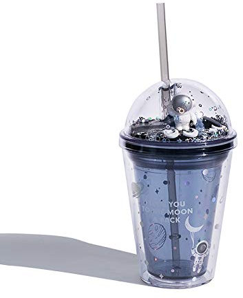 Tazza da viaggio con astronauta con cannuccia spaziale per borraccia, ideale come regalo di compleanno per picnic (spazio grigio, 380 ml)