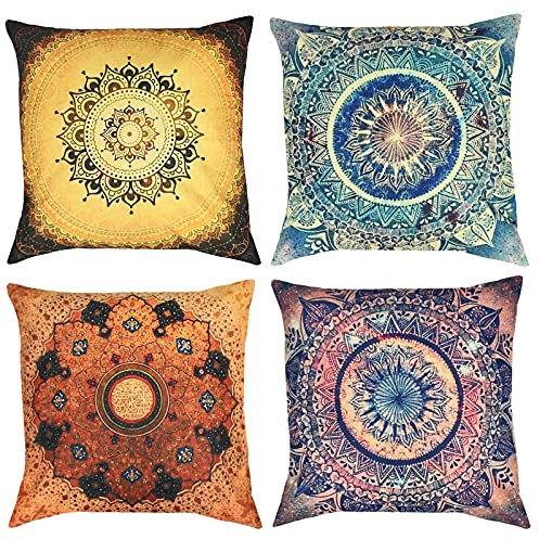 YancLife 4 Stück Kissenbezug 45 x 45 cm, Indische Hippie Böhmischen Mandala Blume Muster Dekorativ Kissenhülle Dekokissen, Universal Baumwolle Leinen Kissen Fall für Wohnzimmer & Schlafzimmer