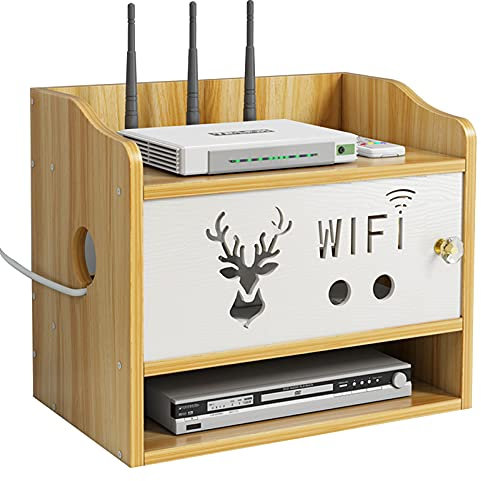 Tauzveok Router Aufbewahrungsbox Holz Ablagen Set-Top-Box Regal 33.8 X 21.6 X 29.1Cm Router Regal 3 Schicht WLAN Box TV Kabel Router Verstecken Box,A
