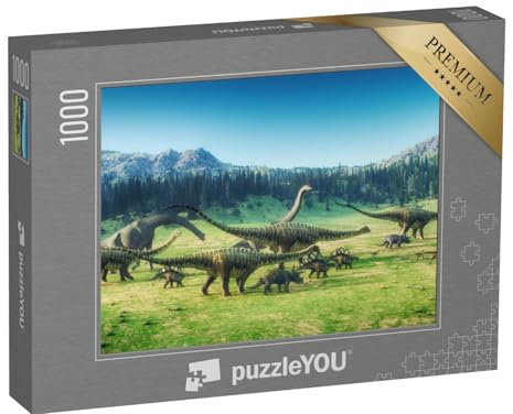 puzzleYOU: Puzzle 1000 Teile „Dinosaurier auf dem Tal, 3D-Illustration“ – aus der Puzzle-Kollektion Dinosaurier, Tiere aus Fantasy & Urzeit