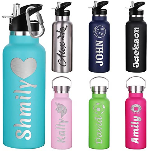 Botellas de agua deportivas personalizadas, botella de agua de acero inoxidable aislada, botella de agua personalizada de 12/26 onzas, texto con nombre grabado