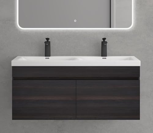 Mai & Mai Waschbeckenunterschrank mit Doppelwaschbecken 144x48x55cm | Badmöbelset Waschtisch mit Unterschrank Schwarz Strukturiert, Botanica