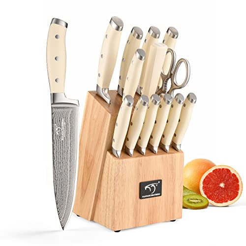 NANFANG BROTHERS Knife Set, 14-Piece Damascus Kitchen Knife Set with Block, Non-Slip ABS Ergonomic Handle for Chef Knife Set, Knife Sharpener and Shears, White