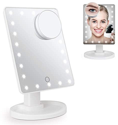 Make-up-Spiegel mit 22 LEDs, batteriebetrieben, beleuchteter Spiegel mit 10-facher Vergrößerung, kleiner Vergrößerung, verstellbarer 180°-Schminkspiegel, Touchscreen, beleuchtet für Make-up