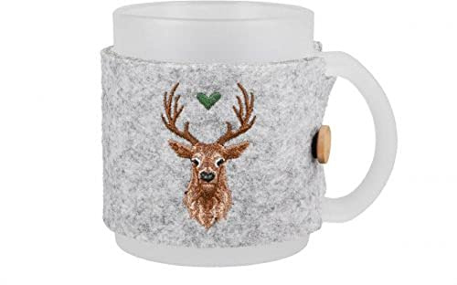 GILDE - 50834 - Glas Tasse, Milchglas, satiniert, Filzbanderole grau, Hirsch mit grünem Herz, 9,5cm x 11,5cm x 8cm, 330ml