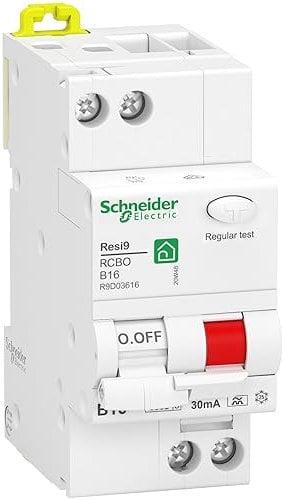 Schneider Electric Disjoncteur FI Resi9, 1 pôle + N, 16 A, caractéristique B, 10 mA, type A, 6 kA, référence R9D03616