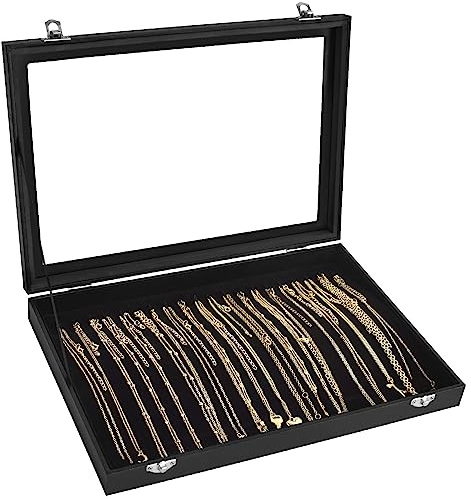 Bivisen Boîte de rangement pour colliers avec couvercle transparent - Plateau en velours pour rangement de bijoux, 20 crochets - Dessus en verre - Insert de tiroir - Pour colliers, pendentifs -