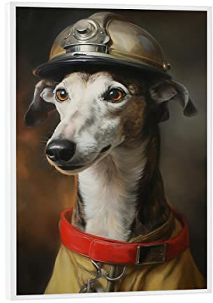 artboxONE Poster mit weißem Rahmen 18x13 cm Tiere Feuerwehrmann Windhund - Bild Hund Feuer und Rettung Feuerwehr