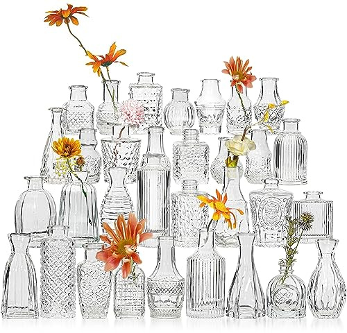 Glas Knospe Vase Set mit 32 Stück, kleine Glasvasen für Blumen, klare Knospenvasen in Bulk, Vintage Vasen für Hochzeit Tafelaufsätze, Hochzeitsdekorationen, Heimtisch Blumendekor