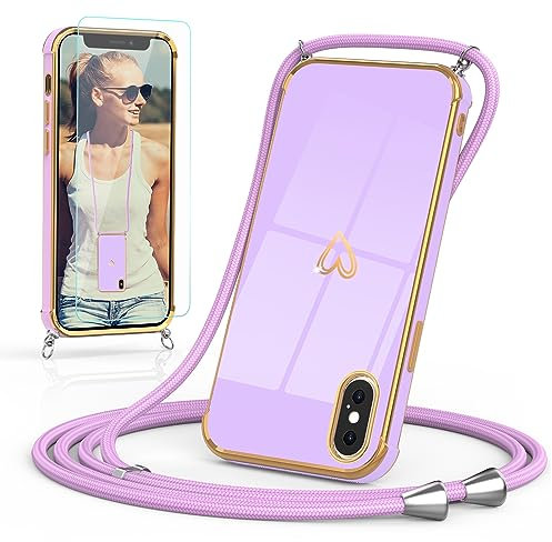 Togestar Handykette Hülle für iPhone XS Max Handyhülle mit Band und Schutzfolie, Kameraschutz Herz Love Design 360 Grad Stoßfeste Schutzhülle Silikon TPU mit Kordel zum Umhängen, Lila