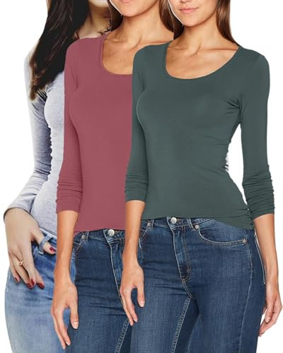 ONLY Damen Langarmshirt Figurbetont und Tailliert aus Baumwolle, Rundhalsausschnitt (3er Love Mix 8)(Withered Rose, Balsam Green, Light Grey Melange - S)