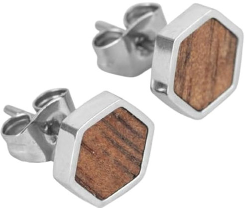 Kerbholz Hexa Earring – Filigraner Ohrstecker aus Walnussholz, Sechseckiges Holzelement, Shiny Silver, Leicht & Langlebig